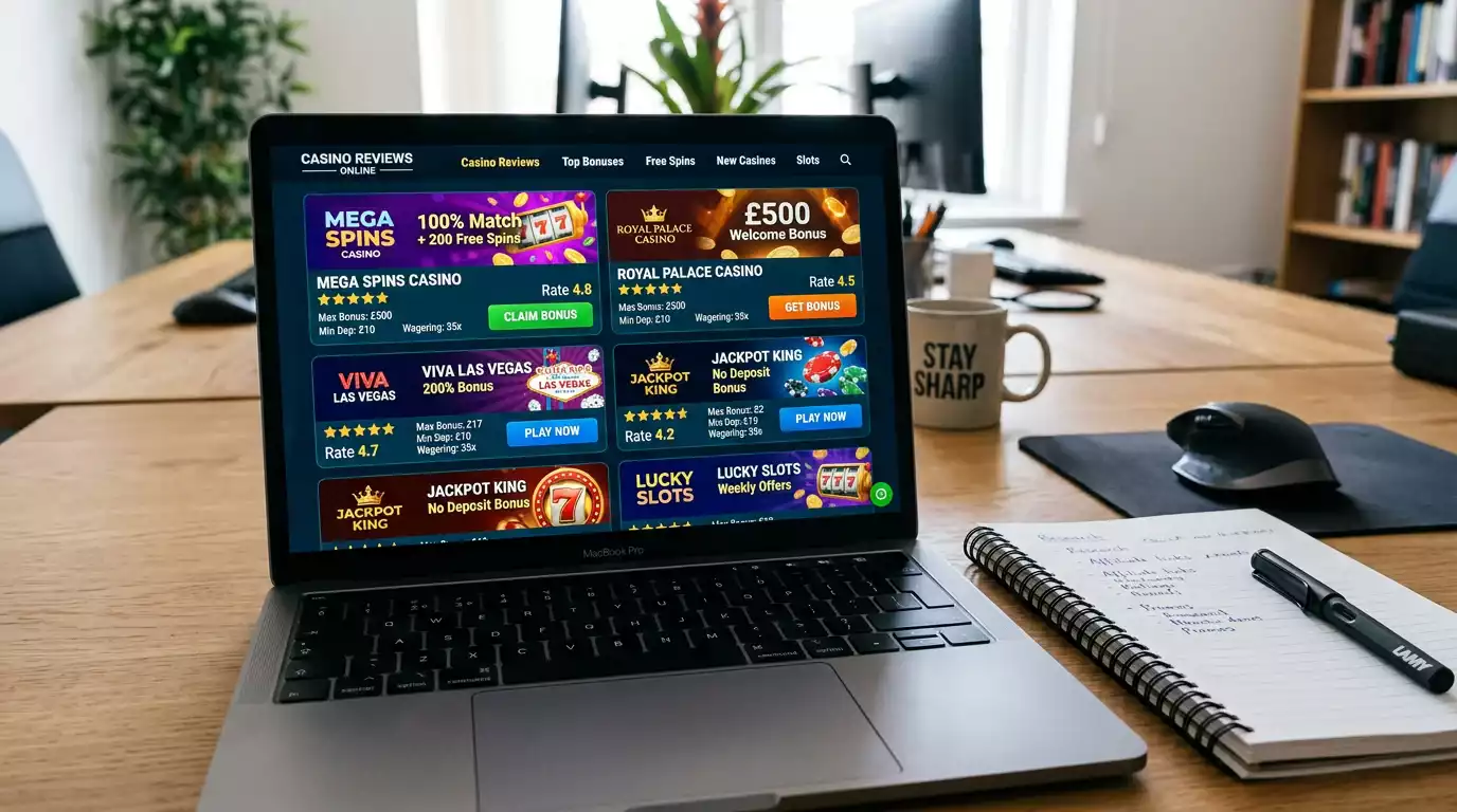 Affiliate review website promoting offshore casino with referral links and bonus banners