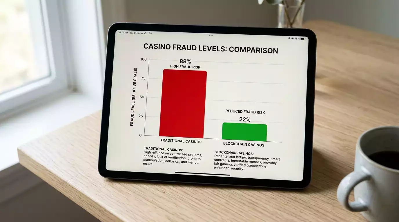 Comparative chart showing 60% fraud reduction at blockchain versus traditional casinos
