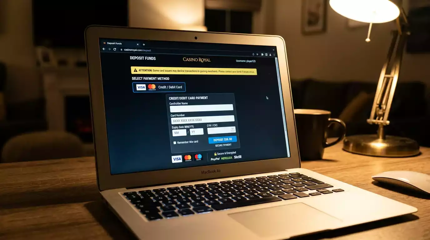 Payment page showing debit card deposit form with UK-specific restriction notice