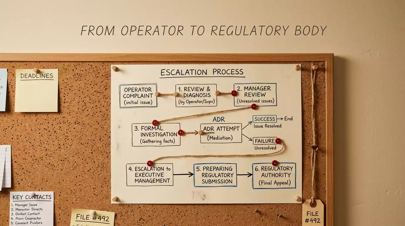 Flowchart pinned to board showing casino complaint escalation steps