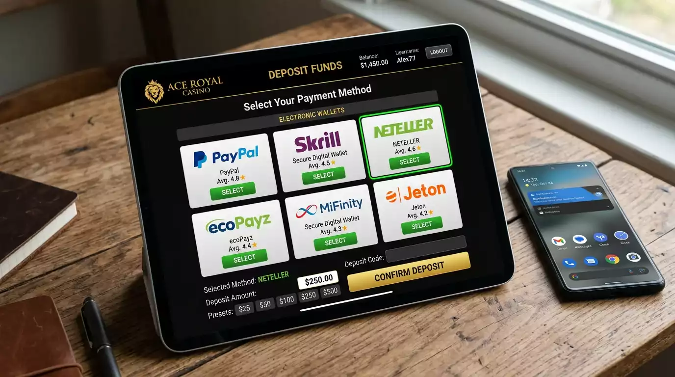 E-wallet selection screen showing digital wallet icons as casino payment options