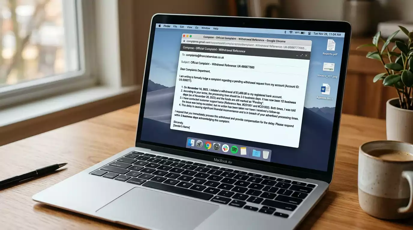Email compose window showing formal written complaint to casino operator