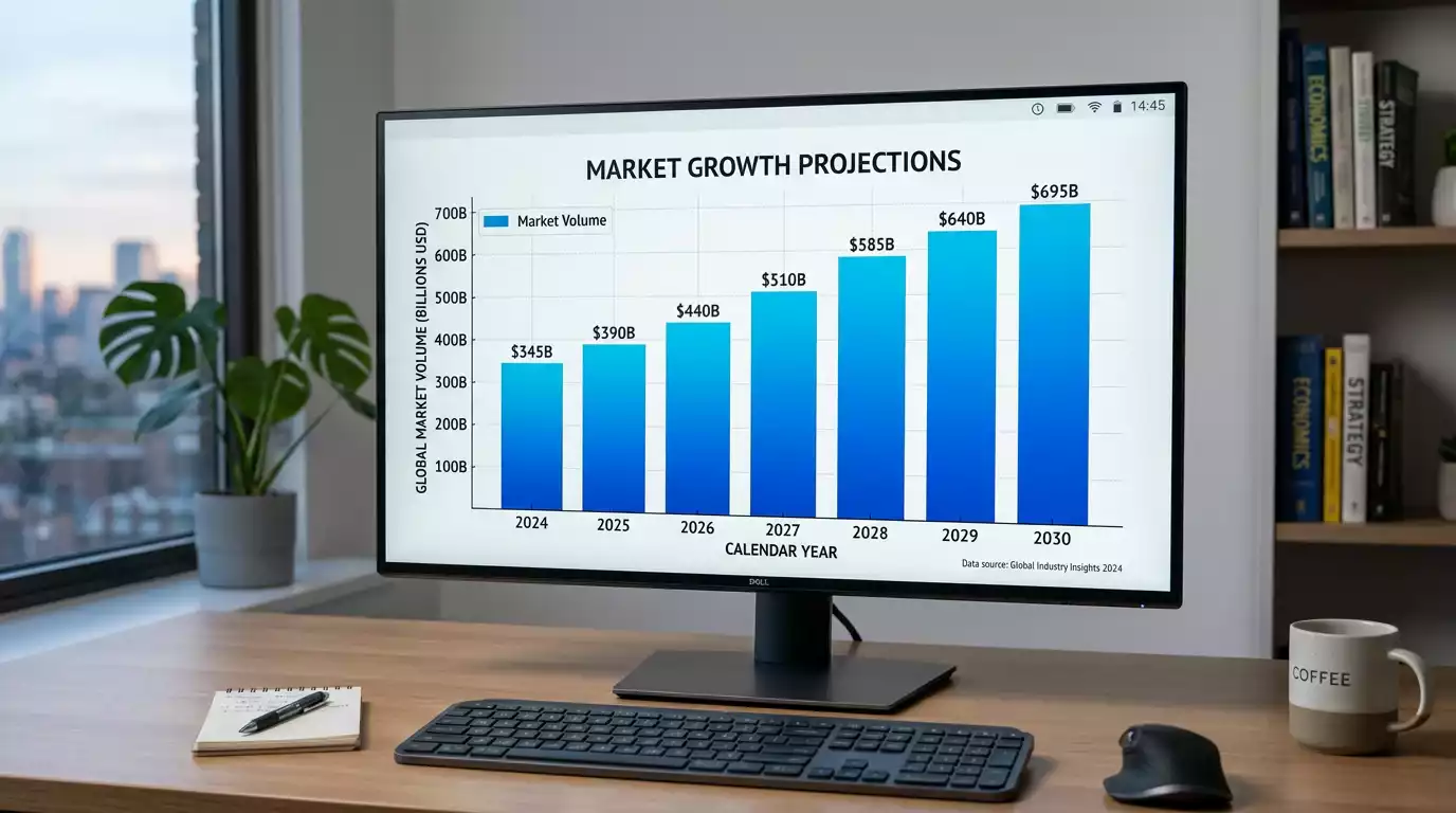 Growth projection chart showing online gambling market path to $212 billion by 2030