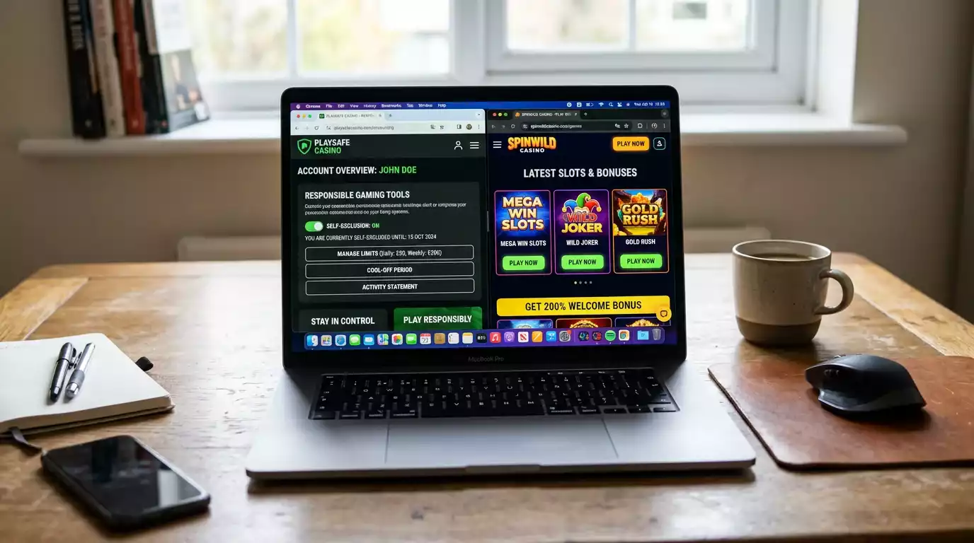 Split view showing regulated casino with GamStop integration versus unregulated site without