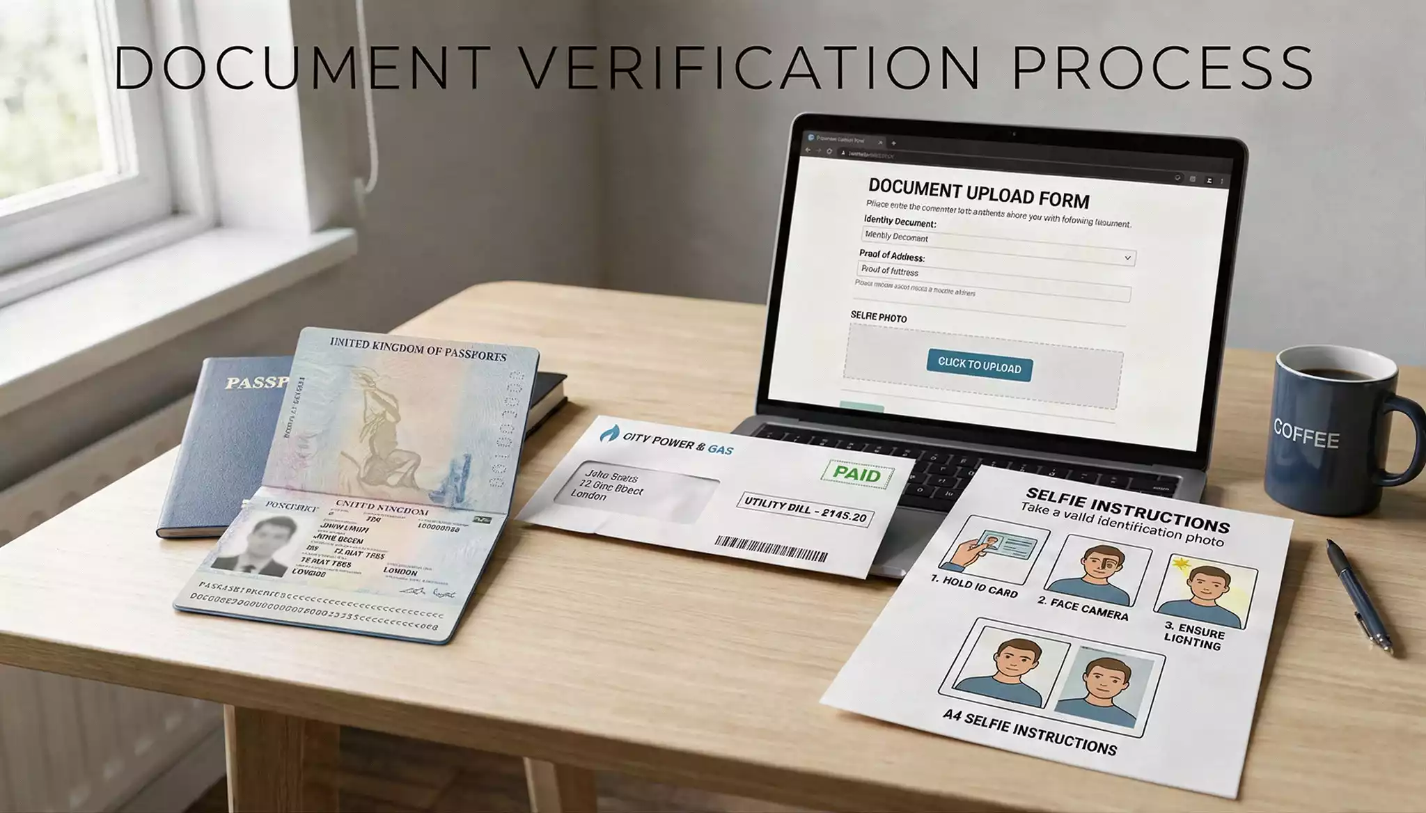Stack of identity documents including passport and utility bill for casino verification