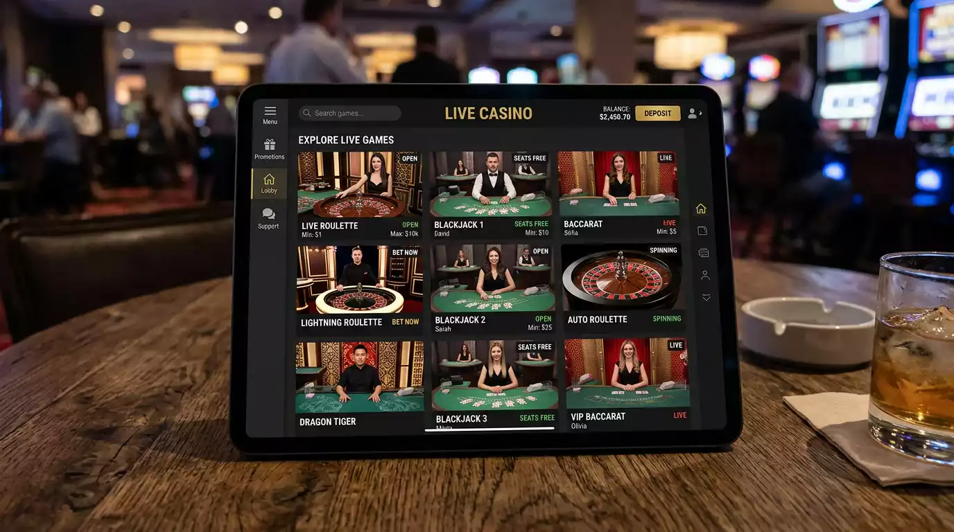 Casino lobby showing live dealer game selection including roulette, blackjack, and baccarat tables