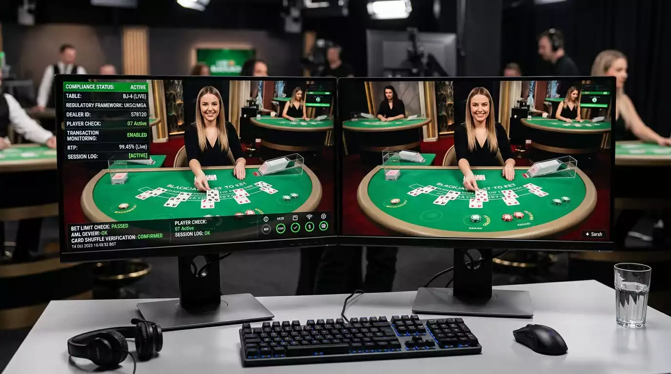 Split screen comparing regulated live casino oversight versus offshore monitoring gaps