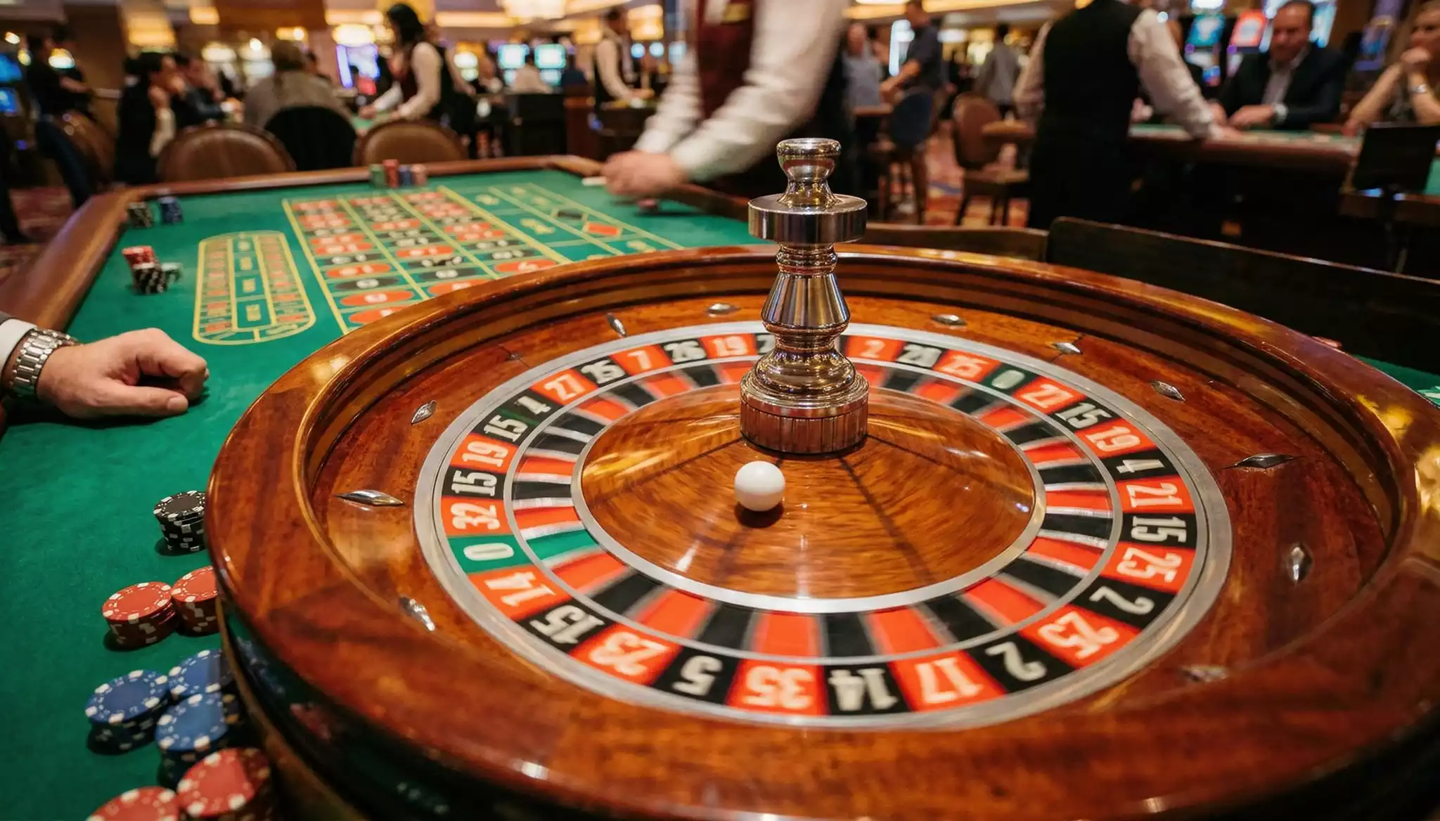 Close-up of live roulette wheel spin captured by overhead studio camera