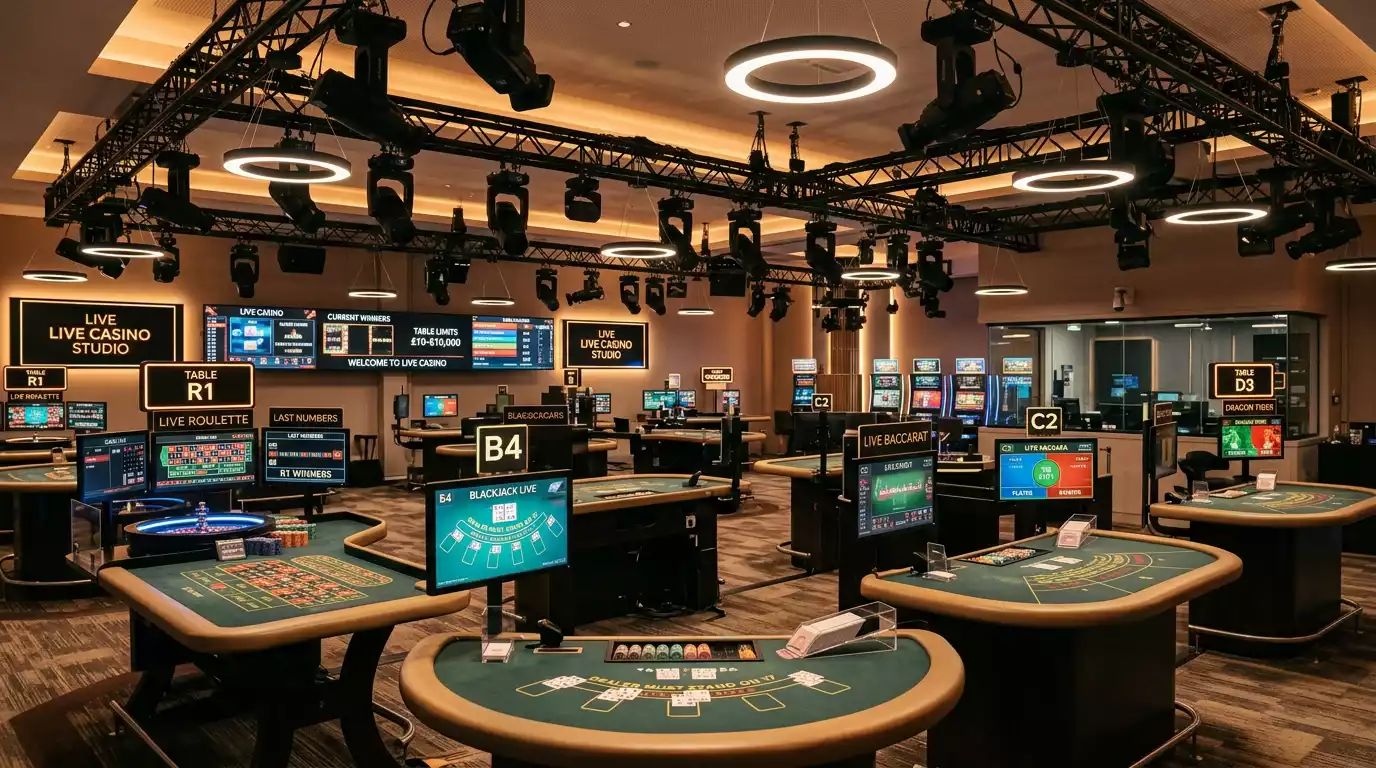 Professional live casino studio with multiple camera angles and dealer station setup