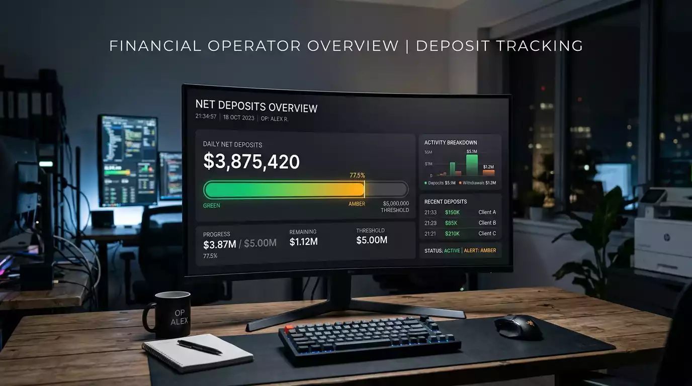 Casino operator dashboard tracking player net deposits approaching threshold