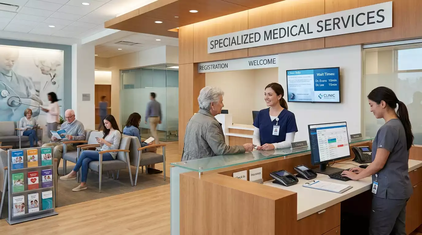 Specialist treatment service sign at clinic entrance