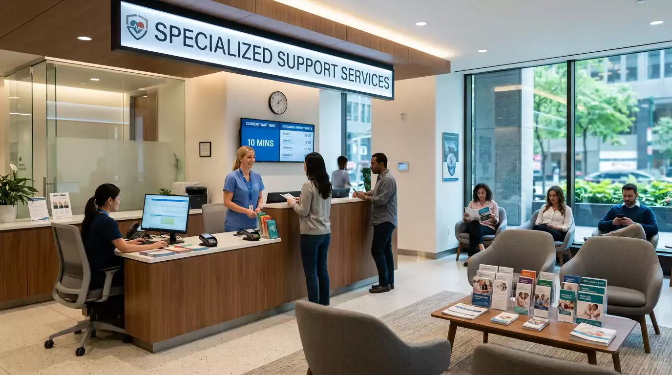 NHS gambling treatment clinic entrance with support information displayed