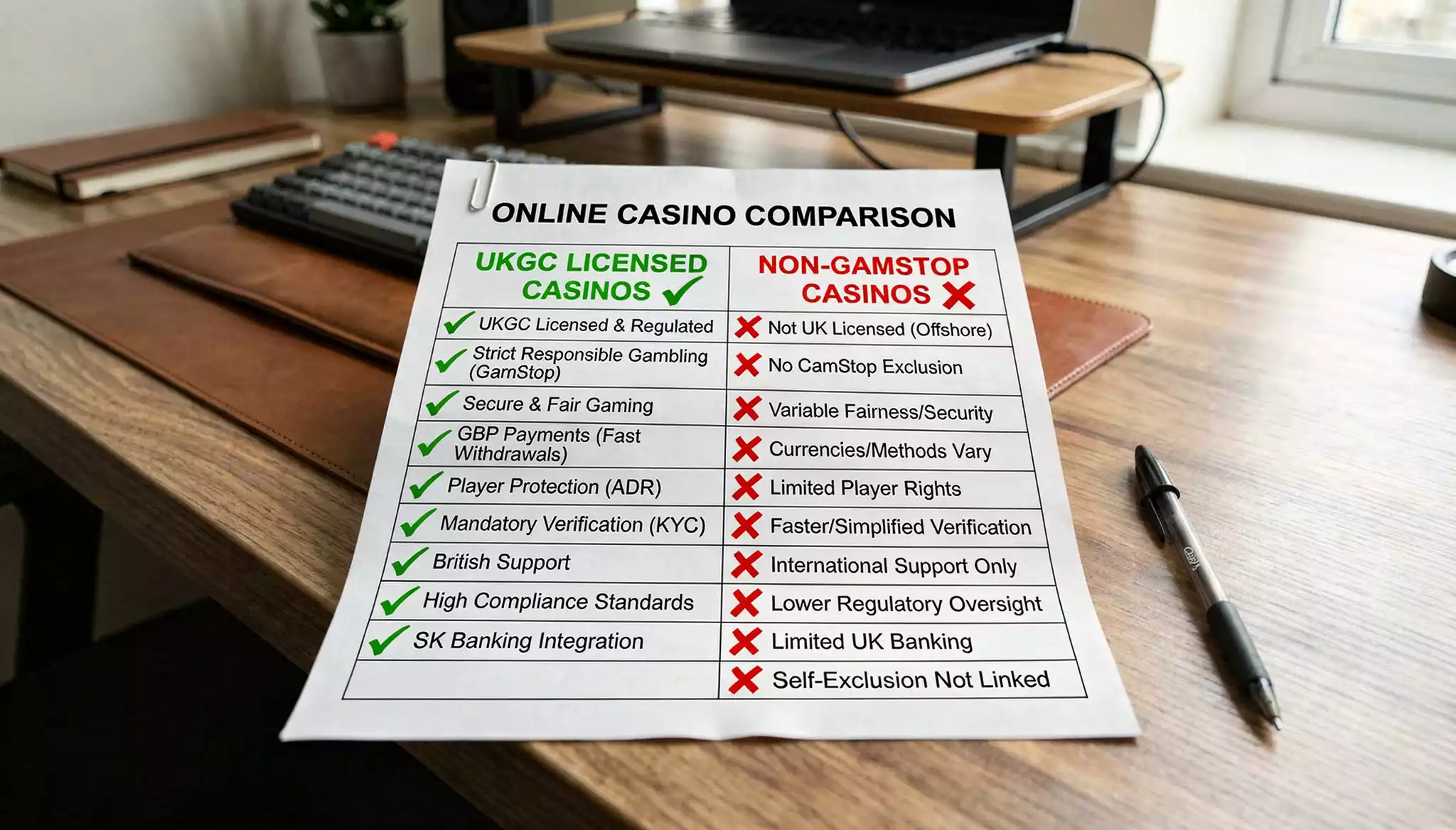 Comparison table showing player protections present at UKGC sites but absent at offshore casinos