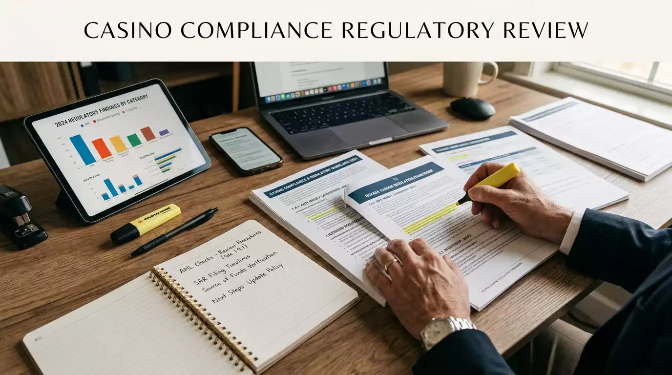 iGaming compliance analyst reviewing casino licence documentation and regulatory filings