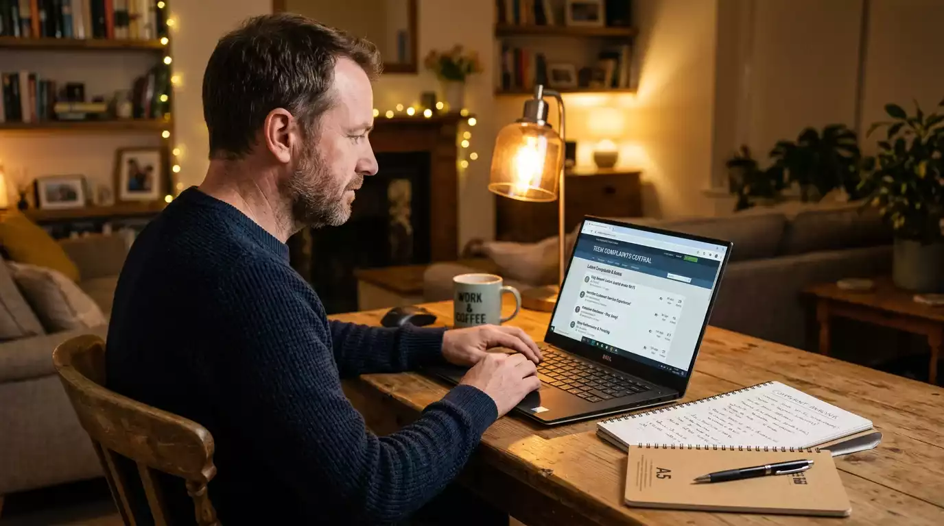 Person researching offshore casino complaint options on laptop with notes