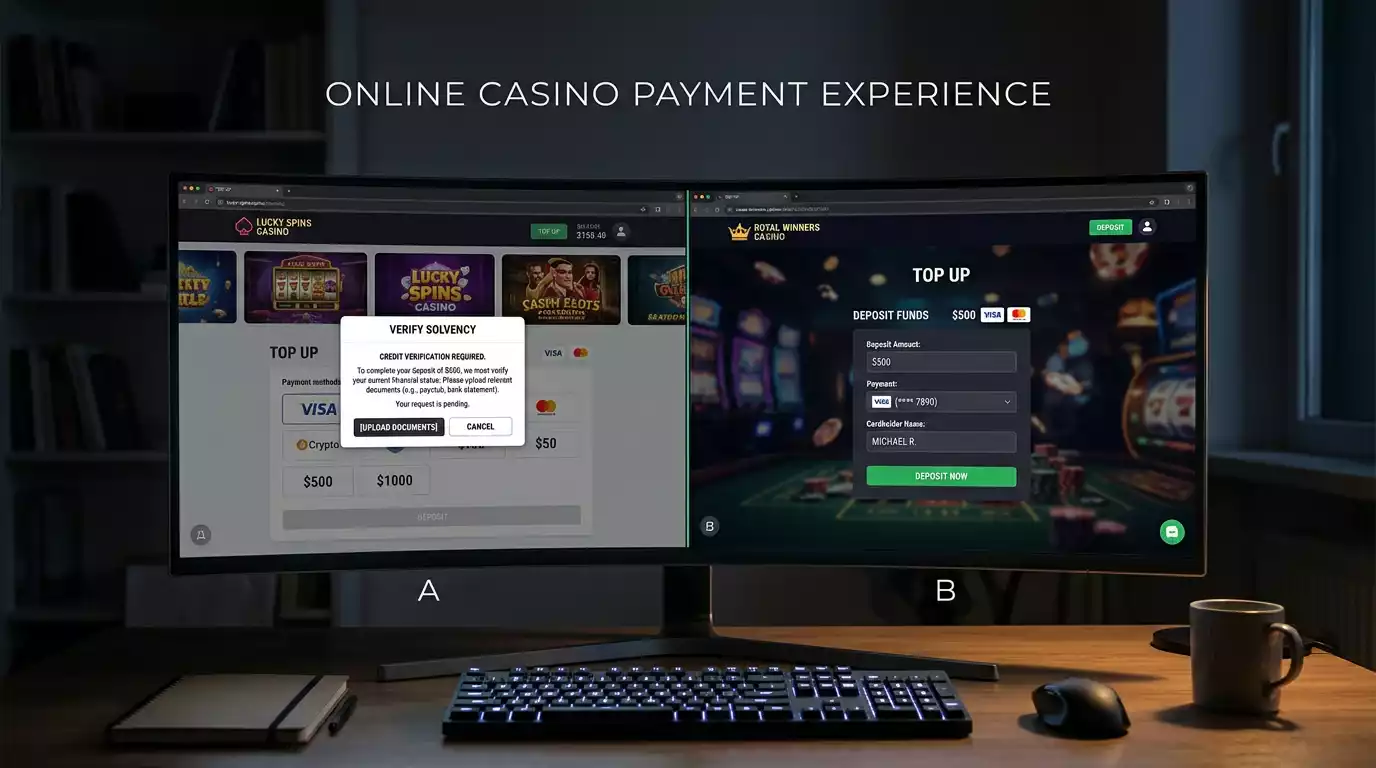 Split screen comparing regulated casino with affordability prompt versus offshore site without