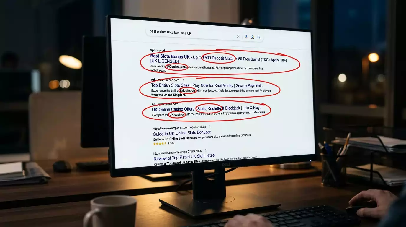 Search engine results showing UK-focused advertising for non-GamStop casino sites