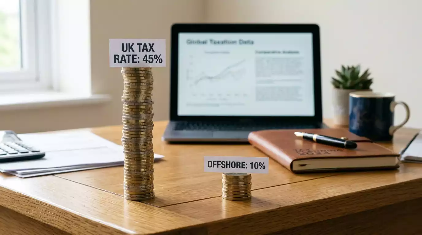 Balance scale comparing tax burden on UK-licensed operator versus offshore casino