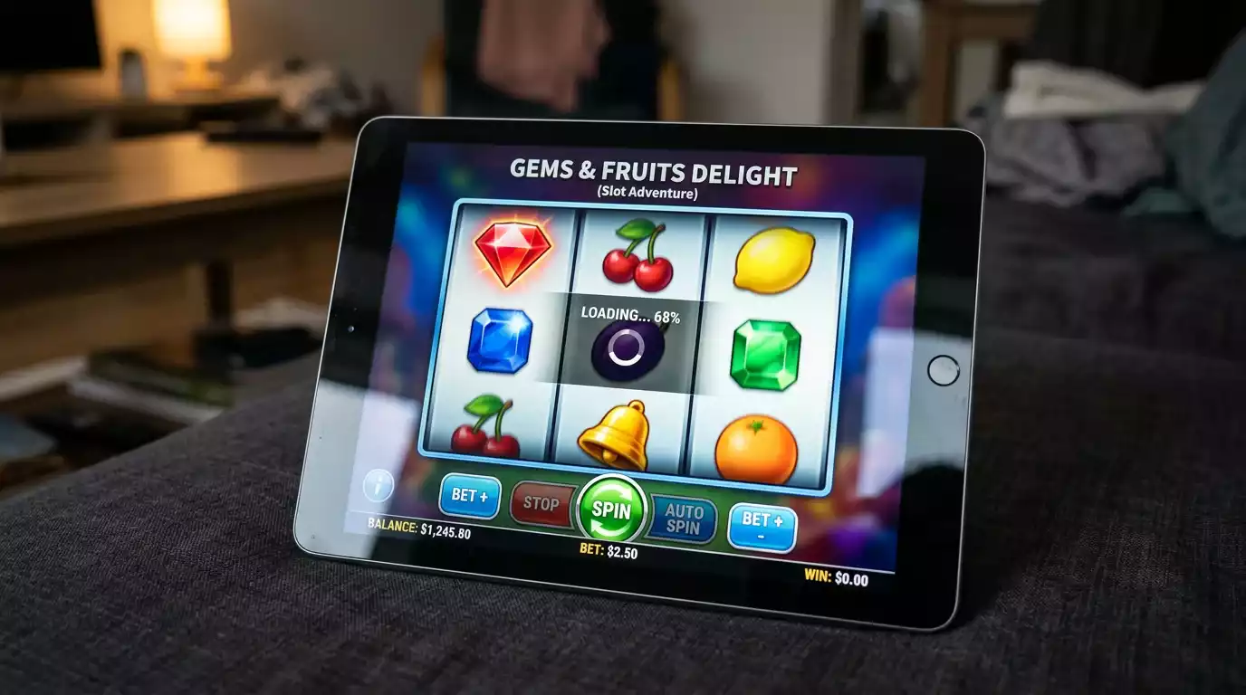 Online slot machine interface showing spinning reels and RTP percentage indicator