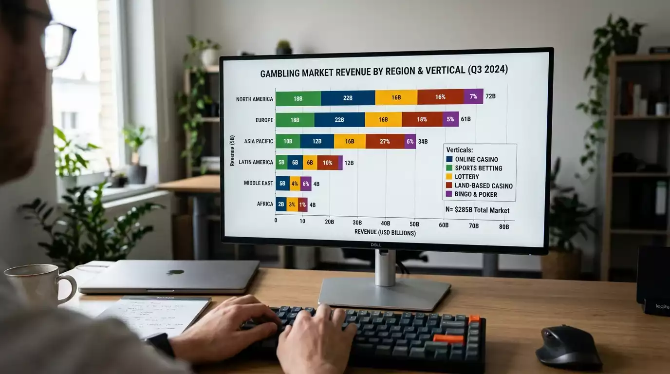 Regional bar chart showing online gambling revenue distribution across major markets
