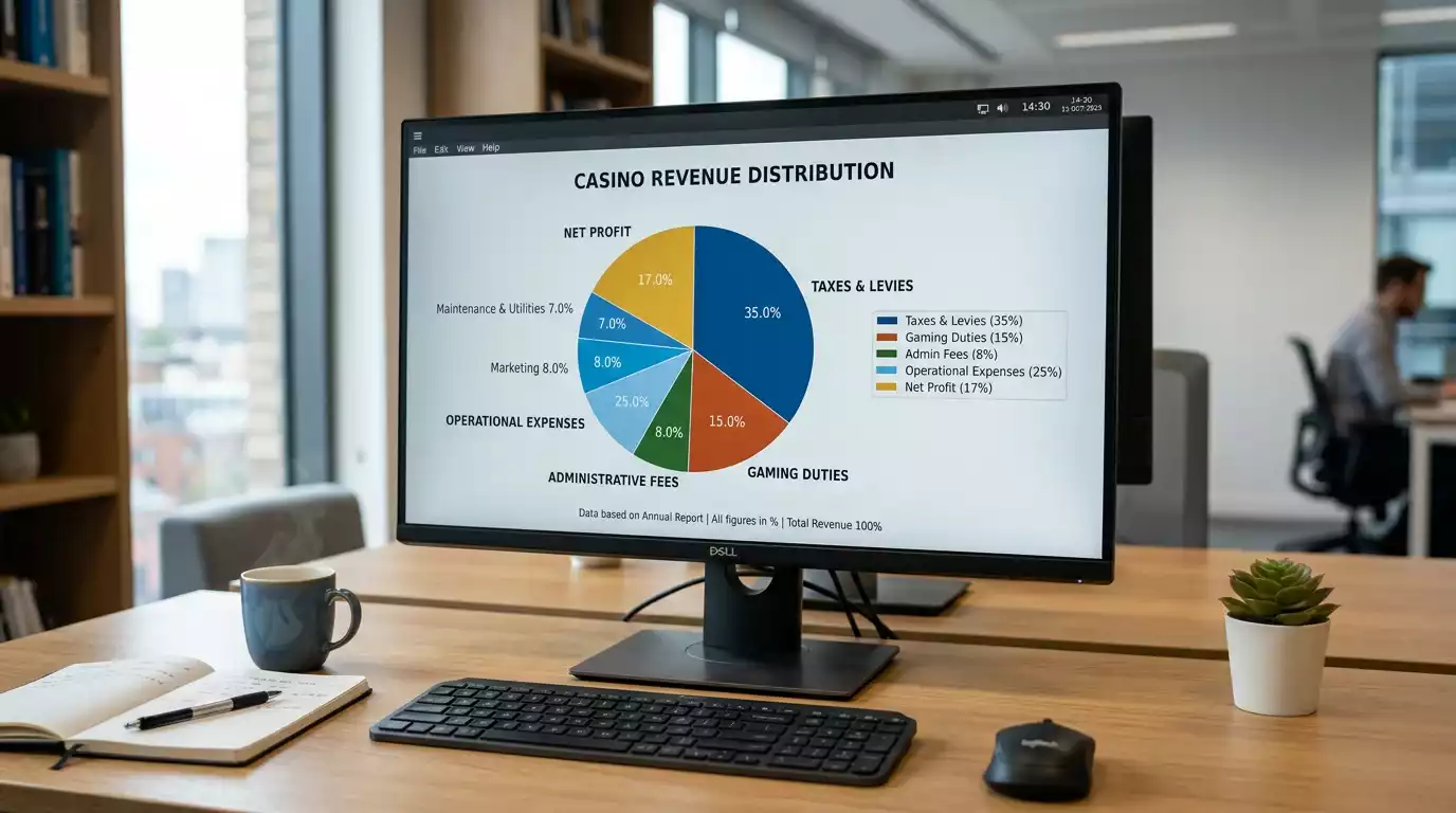 Pie chart showing UK-licensed casino revenue split between tax, levy, and operating costs