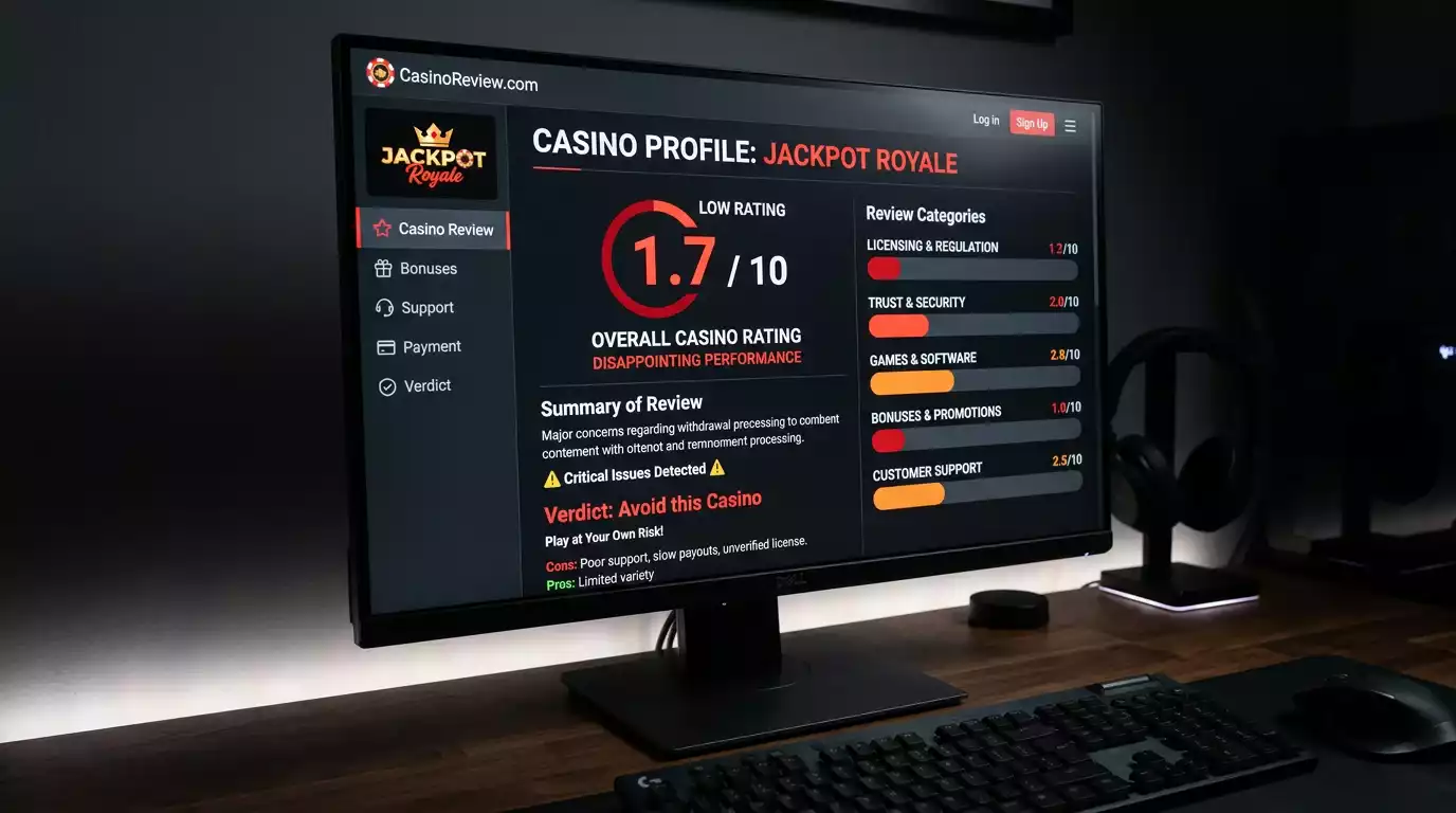 Casino profile page displaying 1.7 Safety Index score with breakdown details