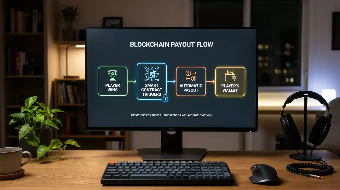 Diagram showing automated smart contract executing casino payout on blockchain