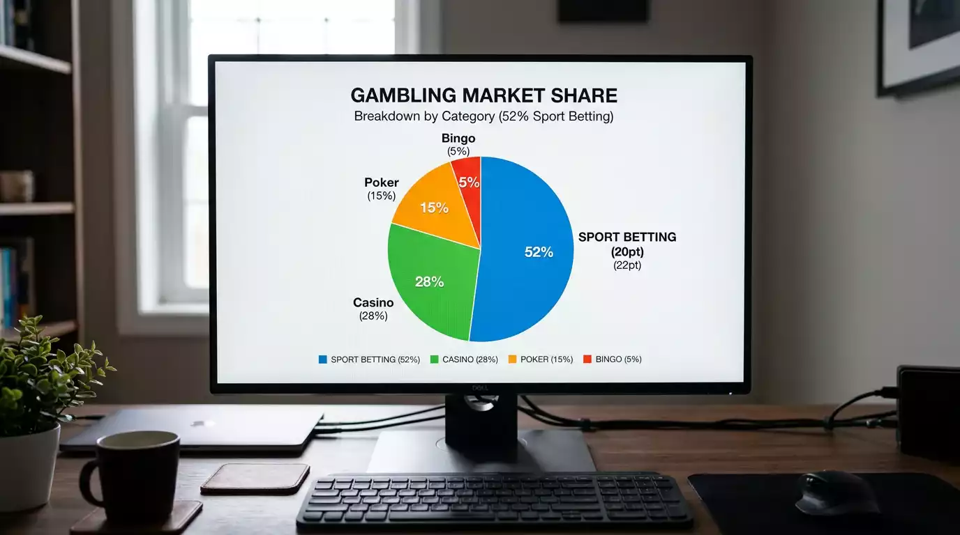 Pie chart showing sports betting at 52% share of global online gambling revenue