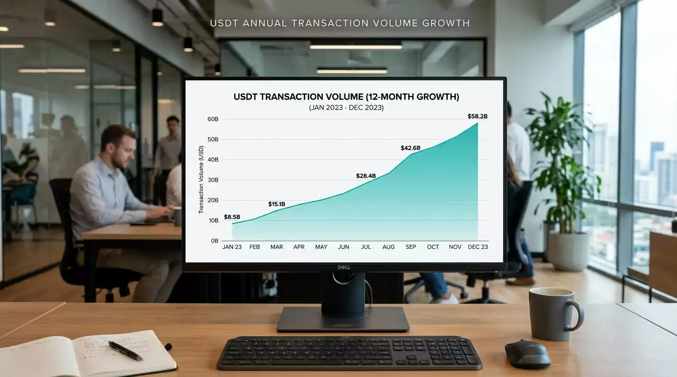 Chart showing rising USDT stablecoin transaction volume in online gambling sector