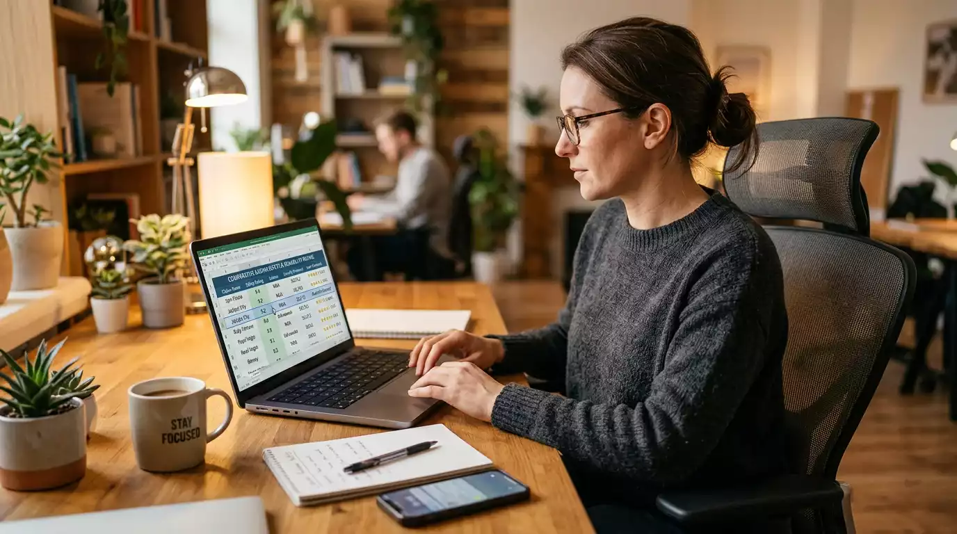 Person using casino database on laptop to compare safety scores across operators