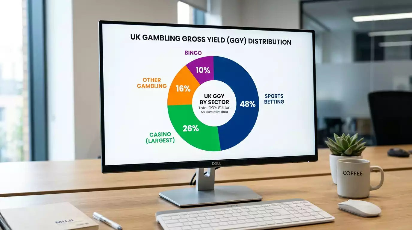 Pie chart showing UK gambling GGY split between casino, betting, and bingo sectors