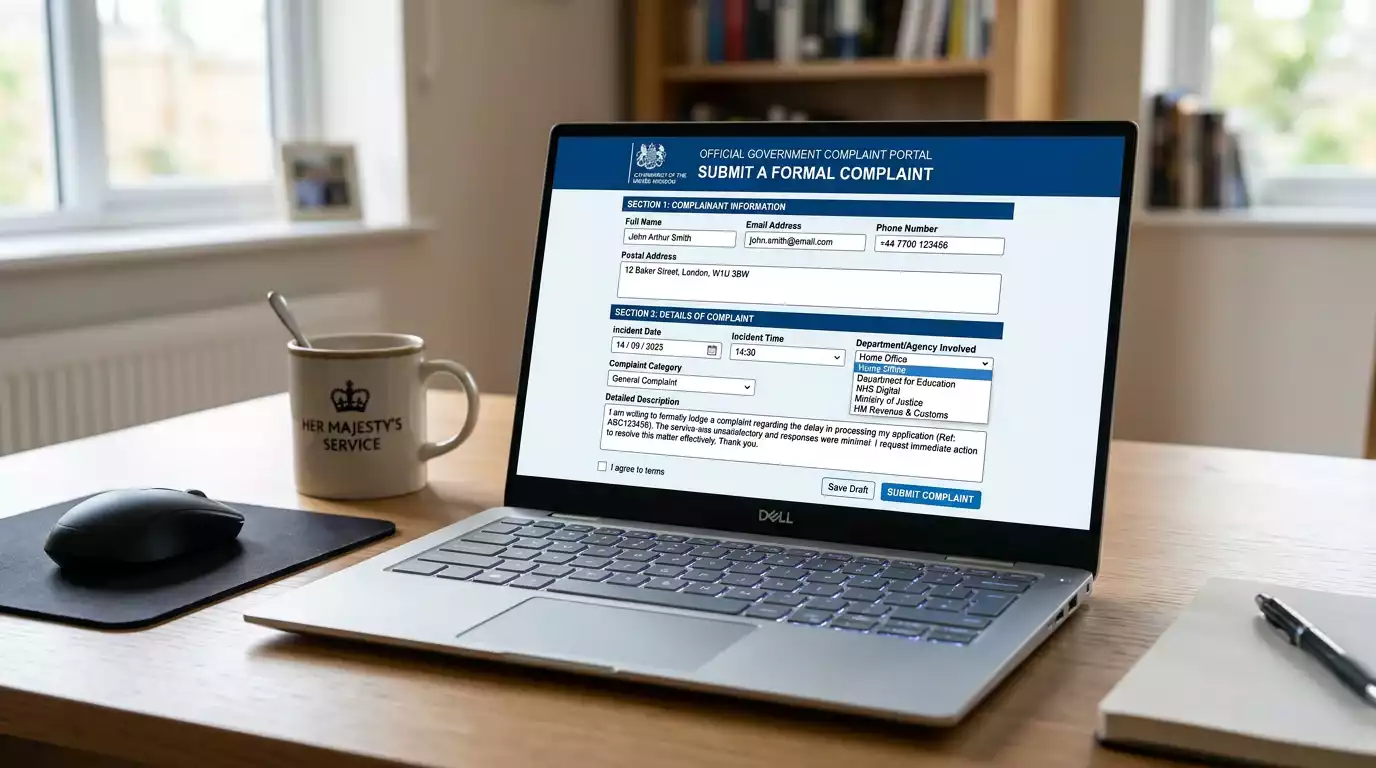 Regulatory website complaint submission page on computer screen