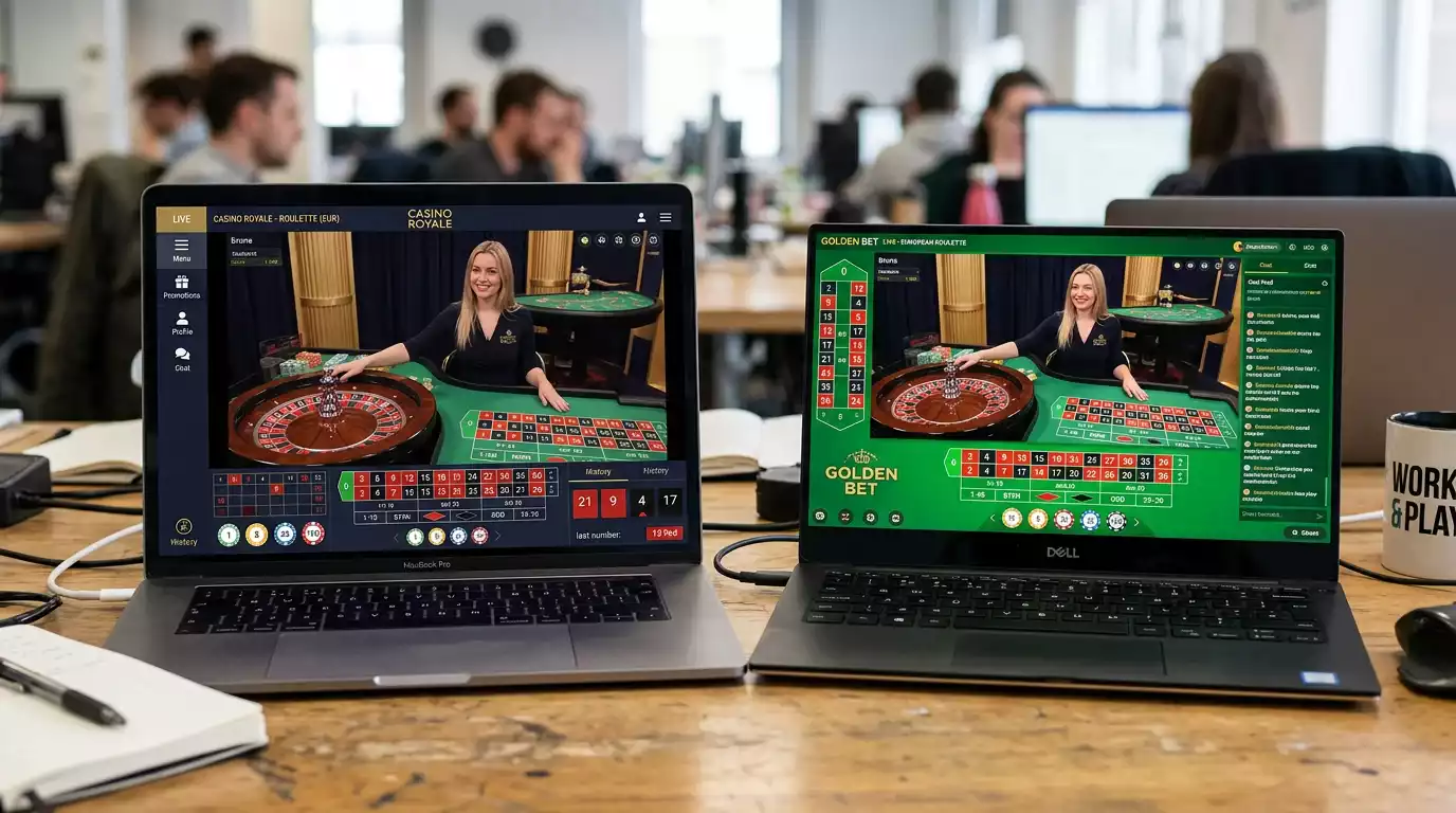 Two casino interfaces showing identical live dealer stream under different brand names