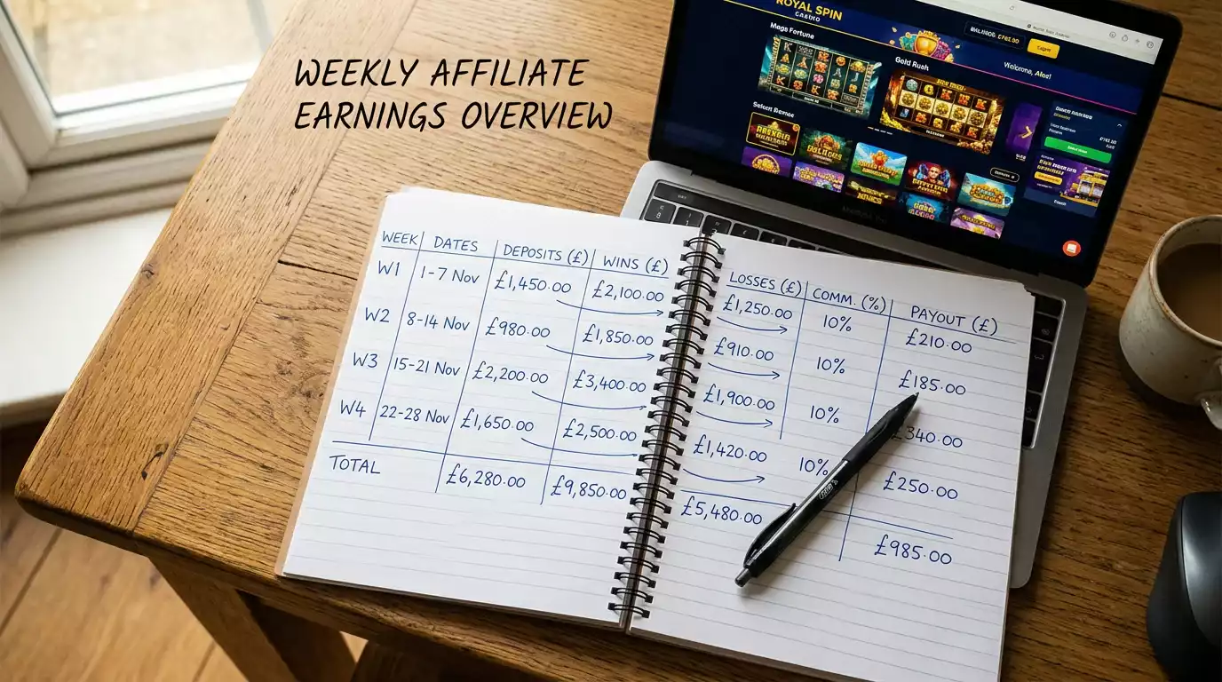 Notebook with handwritten payout schedule showing weekly withdrawal cap calculations