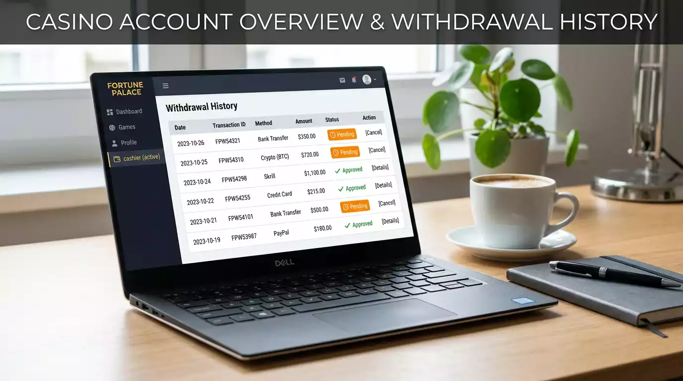 Casino account dashboard showing prolonged pending withdrawal status